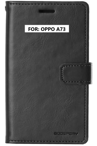 A black leather wallet case for the Oppo A73.