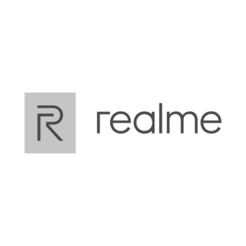 The realme logo on a gray background.