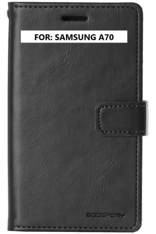 A black Samsung Galaxy A70 wallet cover with the words for Samsung Galaxy A70.