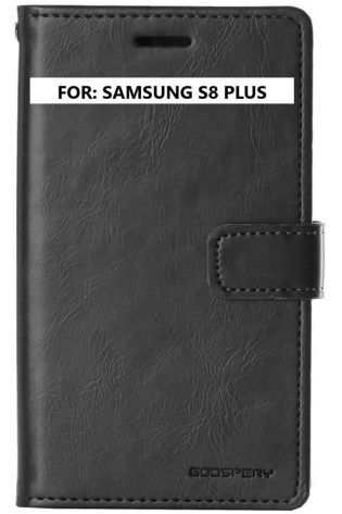 A black Samsung Galaxy S8 Plus - Wallet Cover Black case with the words for Samsung Galaxy S8 Plus.