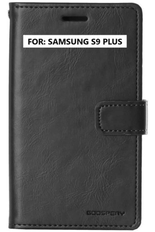 A Samsung Galaxy S9 Plus - Wallet Cover Black with the words "Samsung S9 Plus" written on it.