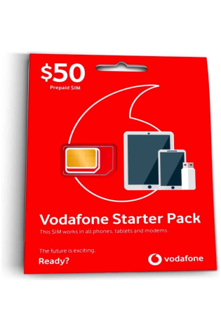 A Vodafone $50 Starter Pack is shown on a red background.