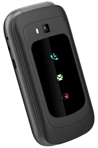 A Opel TouchFlip 4G cell phone with a red, green, and blue button.
