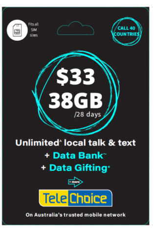 A Telechoice $33 Pre-Paid Sim unlimited local talk & text data gift card.