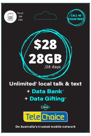 A Telechoice $28 Pre-Paid Sim with the words 28gb unlimited local talk & text data.