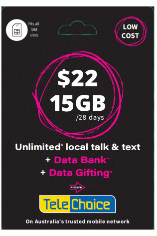 A pink card with the words Telechoice $22 Pre-Paid Sim unlimited local & text & data.