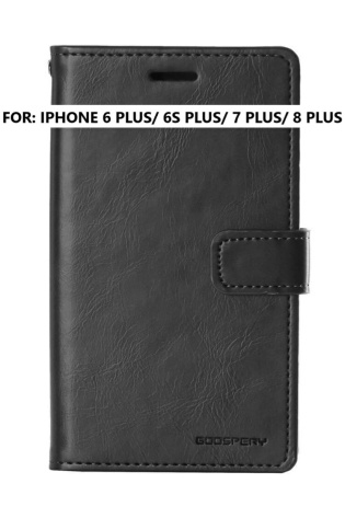 A black leather case for the iPhone 6 Plus, 6s Plus, 7 Plus, and 8 Plus.