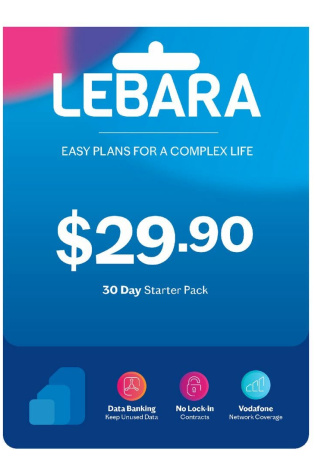 A Lebara Medium Plan $29.90 Starter Kit card with the word Lebara on it.