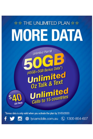 A flyer for the LYCA $40 UNLIMITED STARTER PACK with more data.