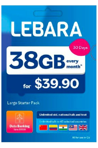 Lebara Medium Plan $39.90 Starter Kit 3GB data card.