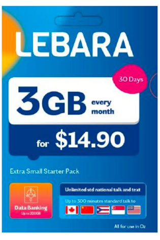 Lebara Medium Plan $14.90 Starter Kit 3gb data card.