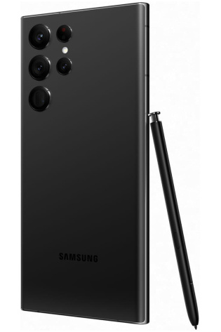 The Samsung Galaxy S22 Ultra 5G (128 GB) - Phantom Black is shown with a pen.