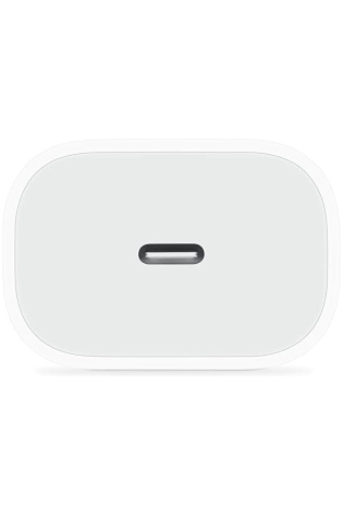 A white Apple 20W USB-C Power Adapter on a white background.