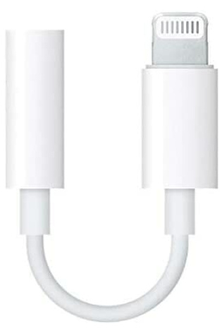 A white Apple Lightning to 3.5mm Headphone Jack Adapter.