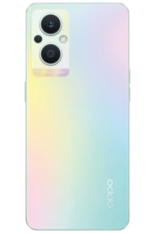 The back of an OPPO Reno8 Lite 5G phone with a rainbow colored back.