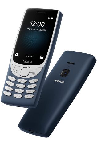 A Nokia 8210 4G blue phone with a blue screen.