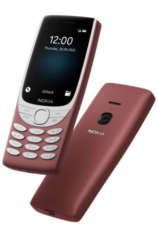 A Nokia 8210 4G phone with a red cover.