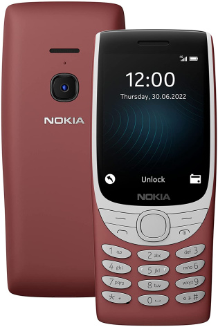 A Nokia 8210 4G red phone is shown next to a white background.