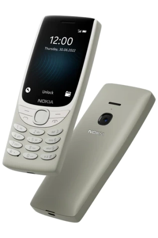 A Nokia 8210 4G phone with a silver screen.