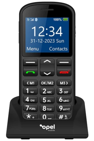 A Opel BigButton M phone with a clock on it.