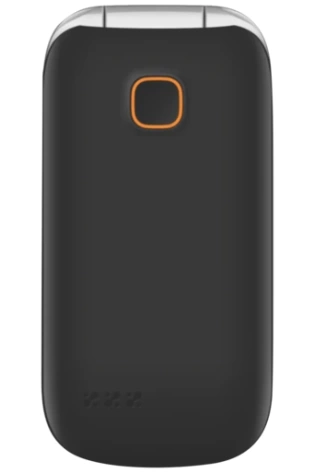 The back of an Opel FlipPhone 6 with orange accents.