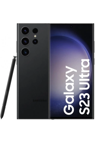 The Samsung Galaxy S23 Ultra 5G (256GB) - Phantom Black is shown with a pen.
