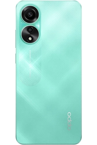 The back of an OPPO A78 4G phone in Aqua Green.