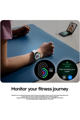 A woman is sitting on a yoga mat with a Samsung Galaxy Watch6 44mm LTE - Graphite on her wrist.