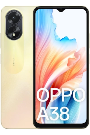 The OPPO A38 (Dual Sim, 128GB/4GB, 6.56'', CPH2579) - Glowing Gold is shown with a yellow background.