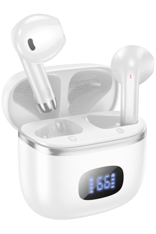 A pair of white HOCO EQ1 True Wireless Earbuds Bluetooth 5.3 - Black with a clock on them.