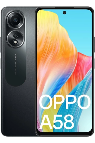 The OPPO A58 (Dual Sim, 128GB/6GB, 6.72'') - Glowing Black is shown with an image of a rainbow.