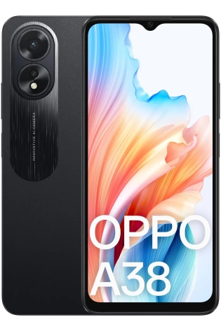 The OPPO A38 (Dual Sim, 128GB/4GB, 6.56'', CPH2579) - Glowing Gold is shown with a black background.