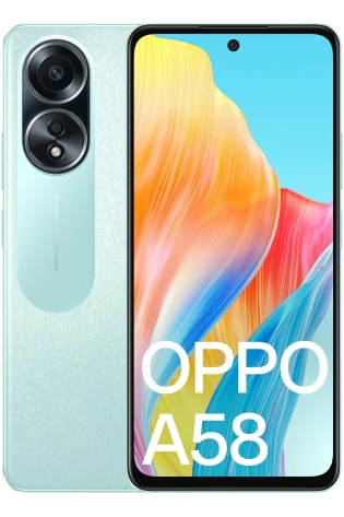 The OPPO A58 (Dual Sim, 128GB/6GB, 6.72'') - Glowing Black is shown with a colorful camera.