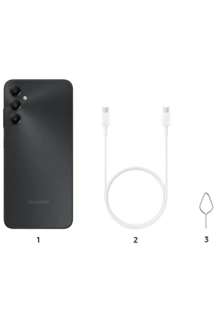 The Samsung Galaxy A05S 128GB (Black) is shown with a charging cable and a charger.