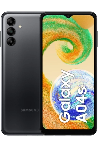 The Samsung Galaxy A04S -128GB - Dual Sim (Black) is shown in black.