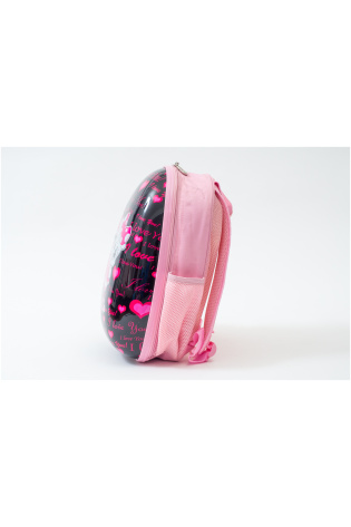 A pink and black Kids Luggage Bag with hearts on it.