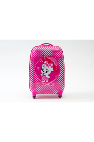A pink Kids Luggage Bag with a cartoon character on it.