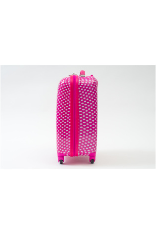 A pink KIDS LUGGAGE BAG with white polka dots.