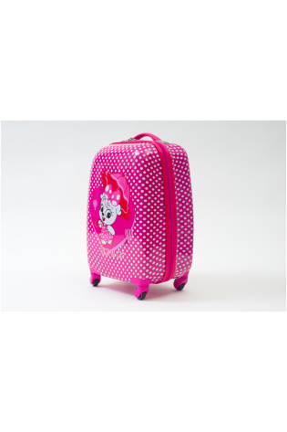 A pink KIDS LUGGAGE BAG with polka dots on it.