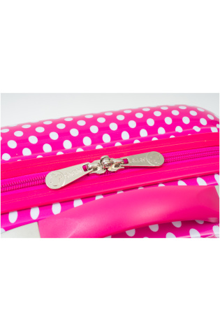 A pink and white polka dot KIDS LUGGAGE BAG with a handle.