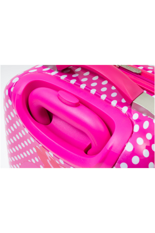 A pink KIDS LUGGAGE BAG with polka dots on the handle.