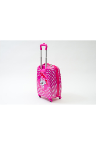 A pink KIDS LUGGAGE BAG with wheels.