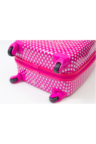 A pink kids luggage bag with wheels.