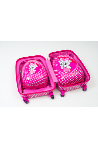 Two Kids Luggage Bags with pink suitcases with polka dots on them.