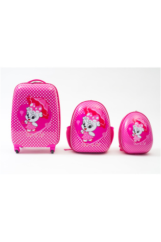 A pink KIDS LUGGAGE BAG with cartoon characters.
