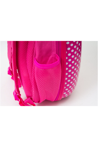 A pink and white polka dot KIDS LUGGAGE BAG.