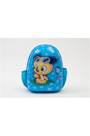 A blue KIDS LUGGAGE BAG with a cartoon character on it.