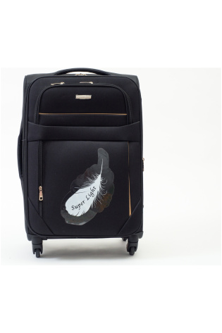 A black KIDS LUGGAGE BAG with a feather on it.