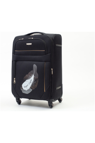 A black KIDS LUGGAGE BAG with a white feather on it.