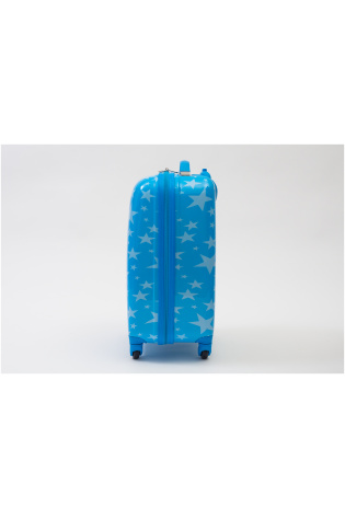 A blue KIDS LUGGAGE BAG with white stars on it.